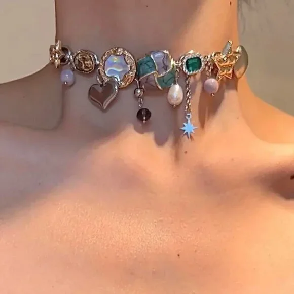 Boho Grunge Star & Faux Pearl Pendant Chunky Choker Necklace - Picture 1 of 3